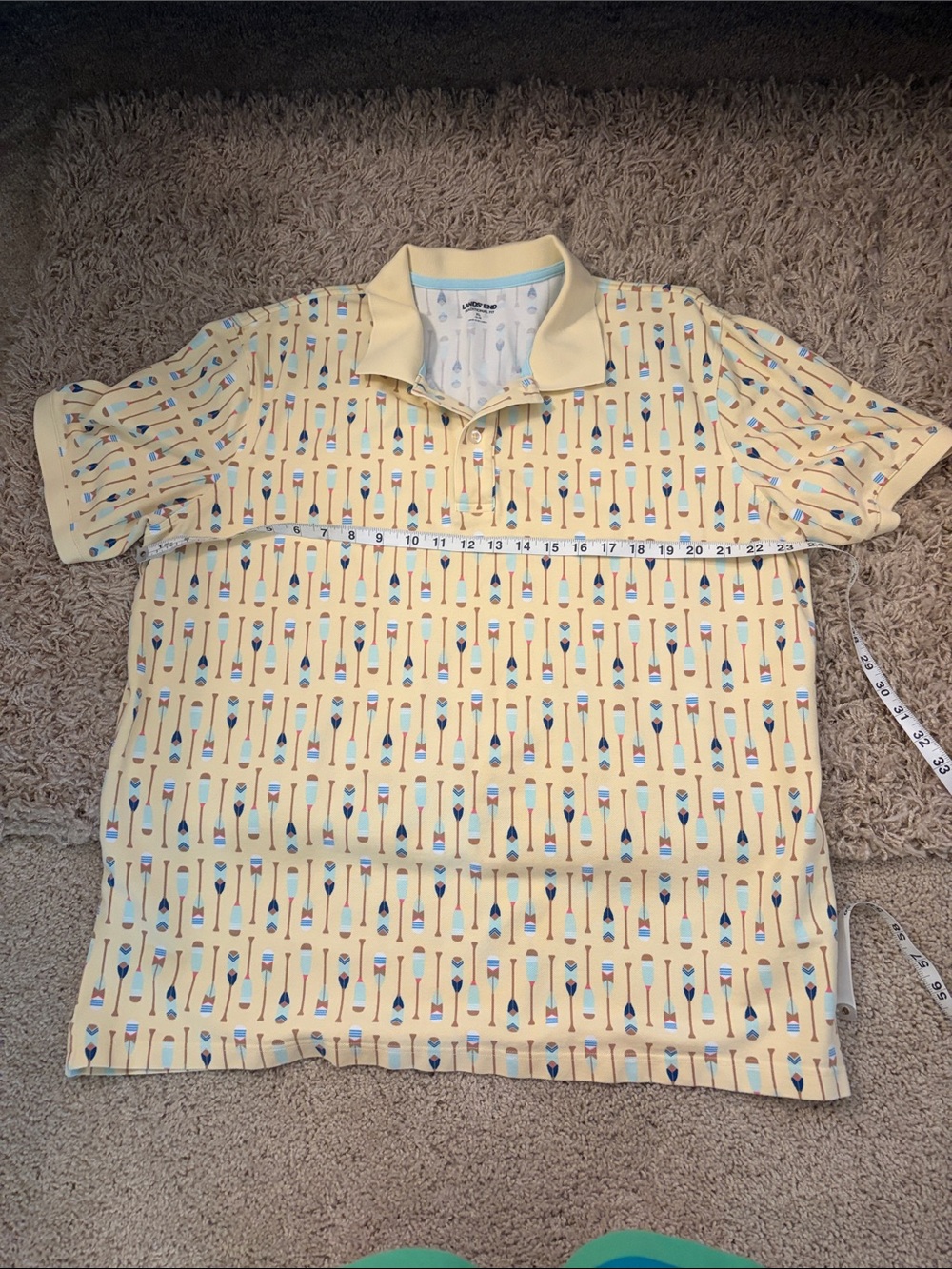 Lands' End Men’s Yellow Polo with Blue,Teal, and Tan Oar Print